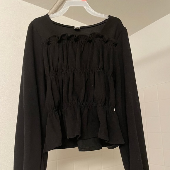 NEW Puff Sleeve Square neck Black Ruched Shirt - Picture 1 of 3